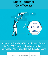 TestBook App Coupon Code "Q0D1XI" Avail 10% Discount + Earn 20% Paytm cash